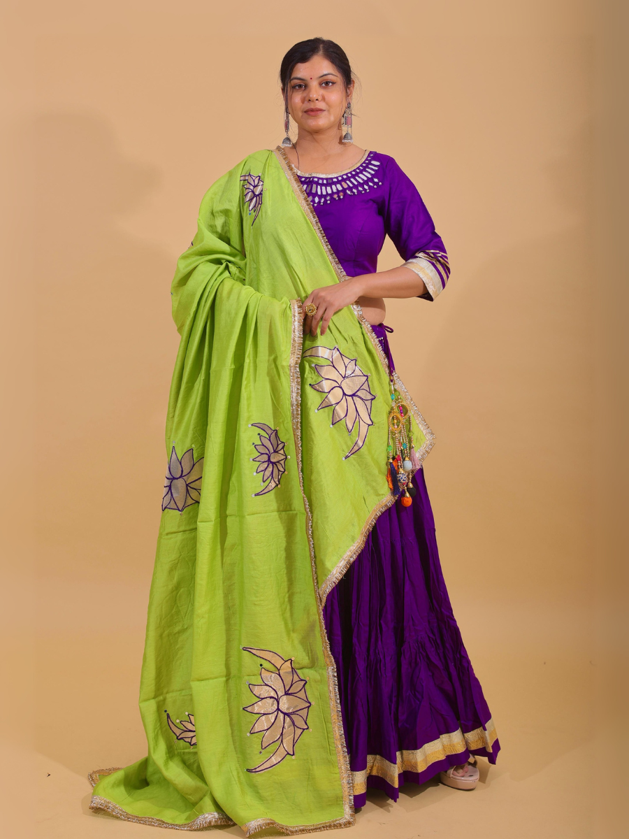 Purple & Lime Green Lehenga Set with Mirror Lotus Work