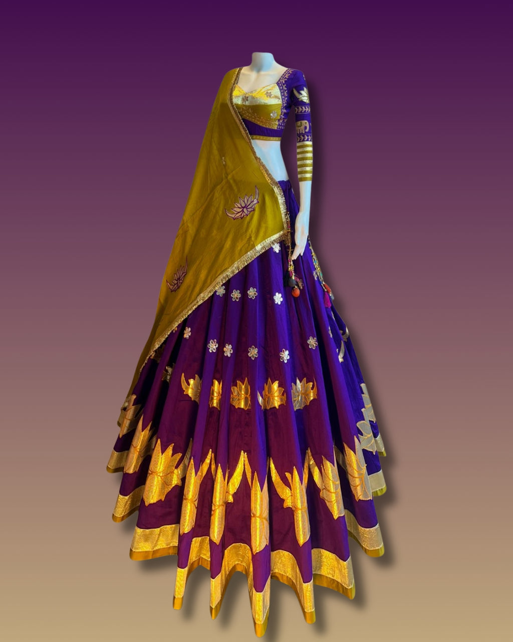 Purple & Mustard Lotus Embroidered Chaniya Choli