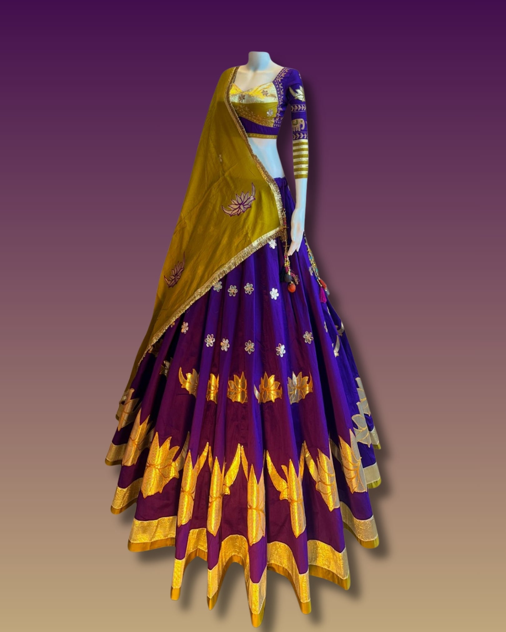 Purple & Mustard Lotus Embroidered Chaniya Choli