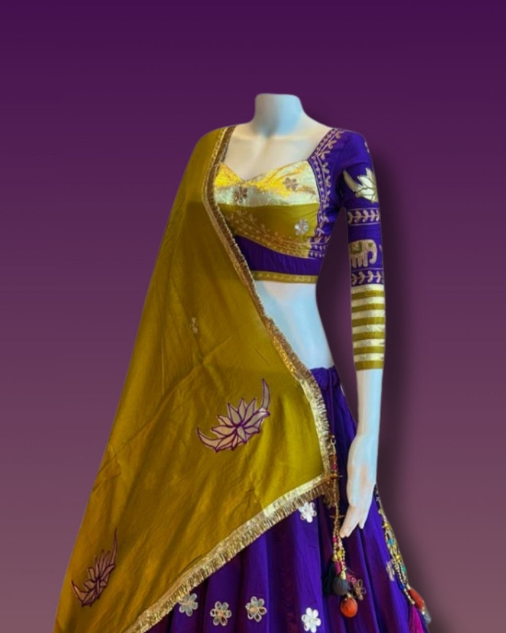 Purple & Mustard Lotus Embroidered Chaniya Choli