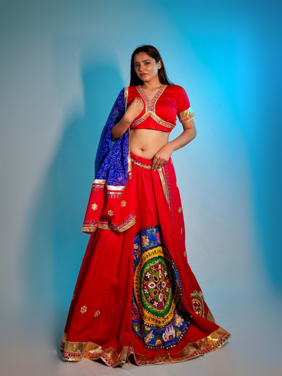 Red Kutchi Embroidered Lehenga with Blue Bandhani Dupatta