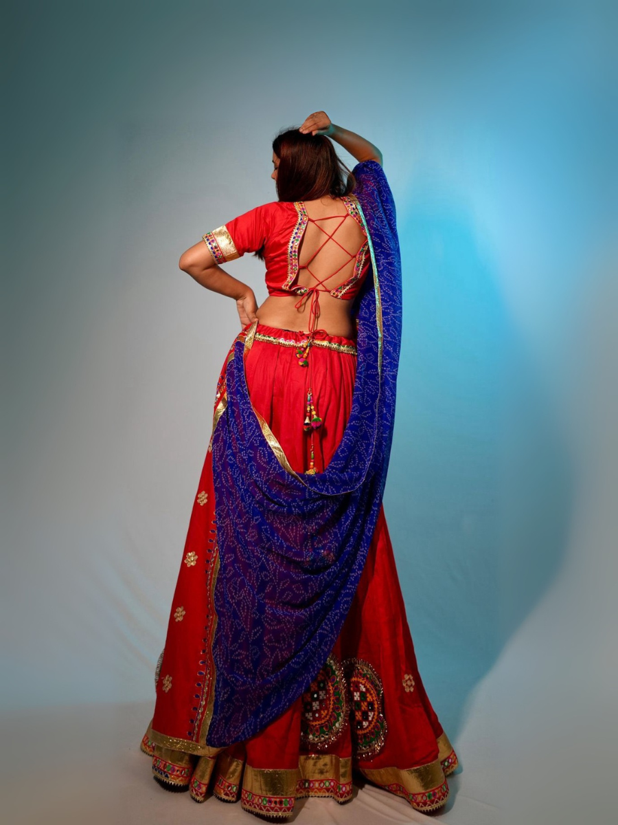 Red Kutchi Embroidered Lehenga with Blue Bandhani Dupatta