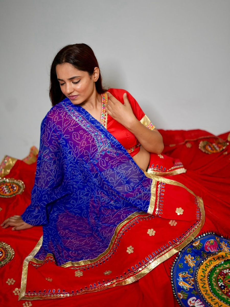 Red Kutchi Embroidered Lehenga with Blue Bandhani Dupatta