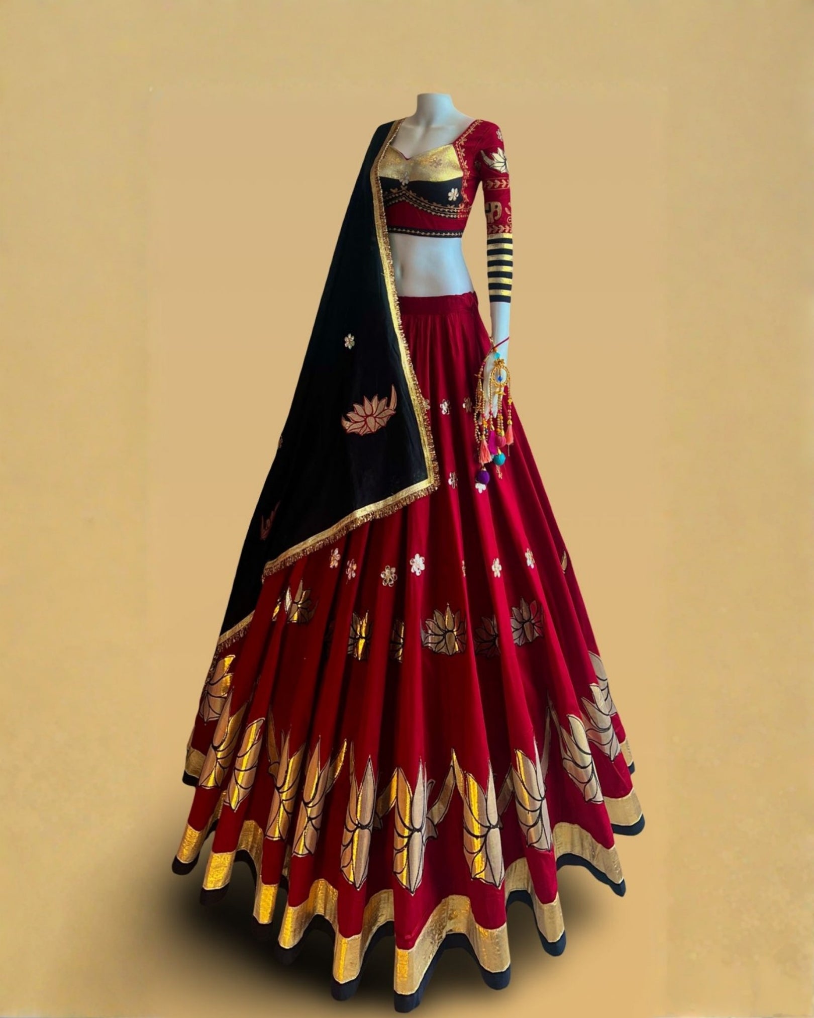 Red & Black Lotus Embroidered Chaniya Choli