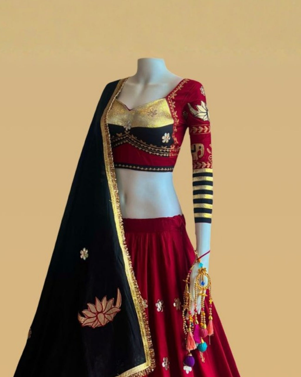 Red & Black Lotus Embroidered Chaniya Choli