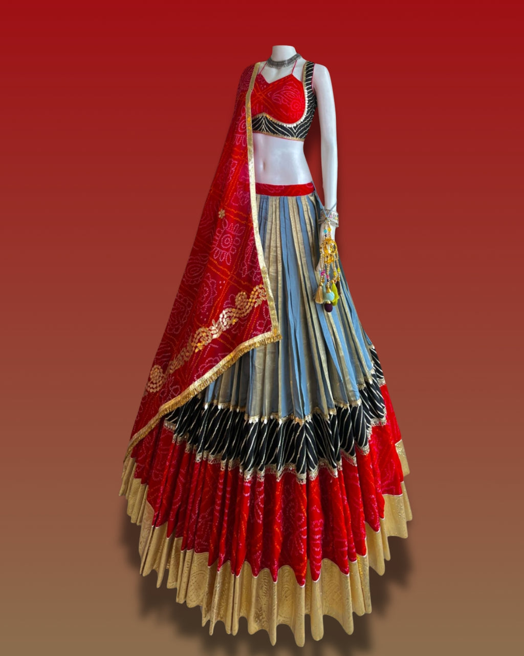 Red & Blue Traditional Navratri Outfi Chaniya Choli