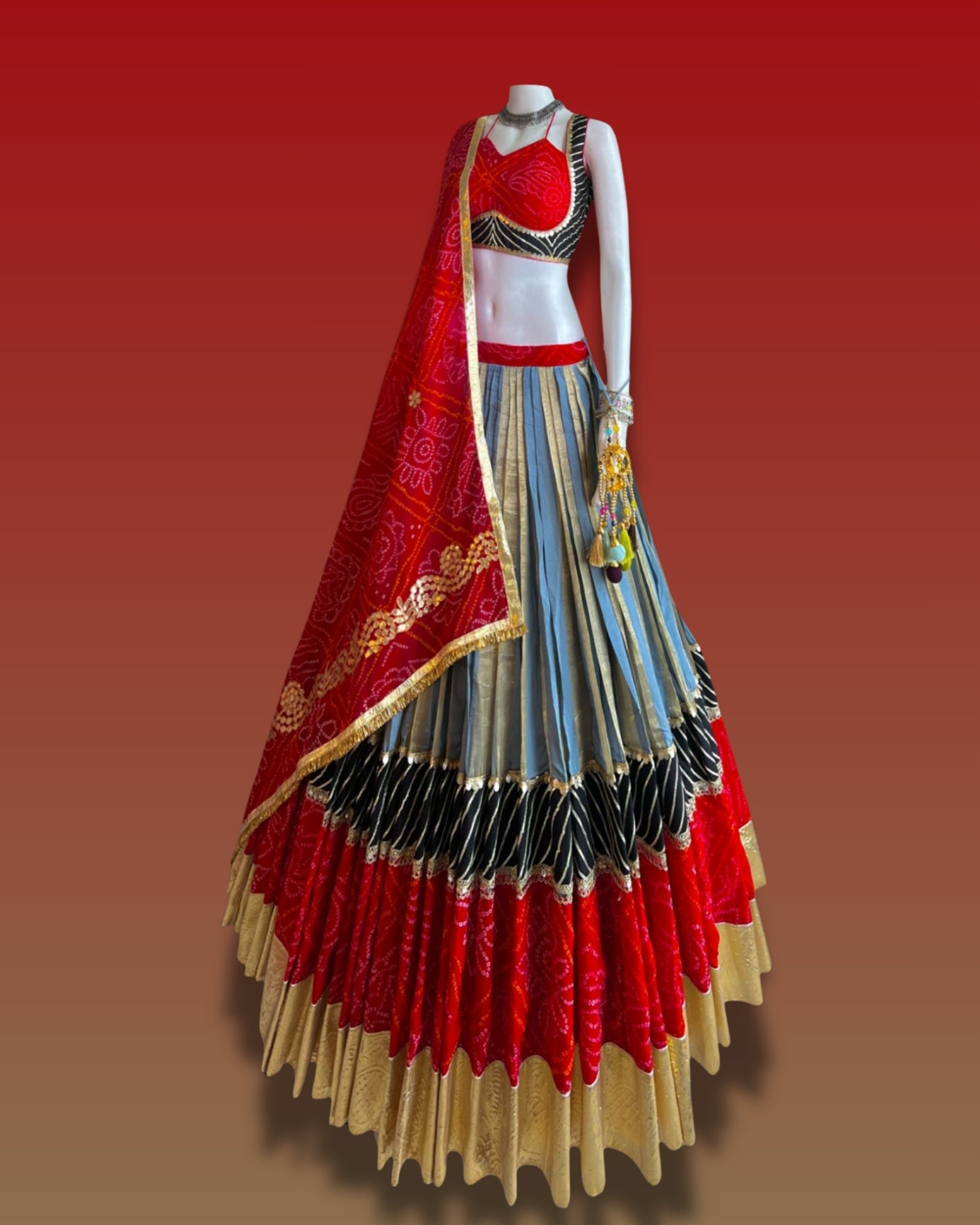 Red & Blue Traditional Navratri Outfi Chaniya Choli