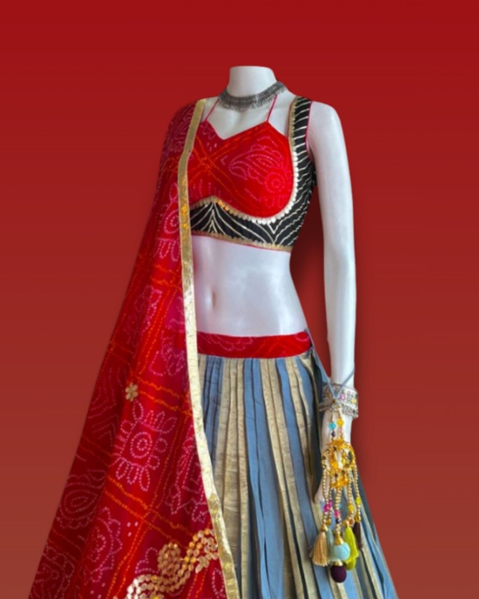 Red & Blue Traditional Navratri Outfi Chaniya Choli