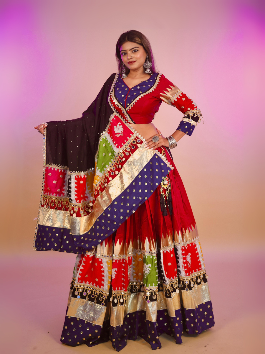 Red & Multicolor Patchwork Mirror Work Chaniya Choli with Black Dupatta
