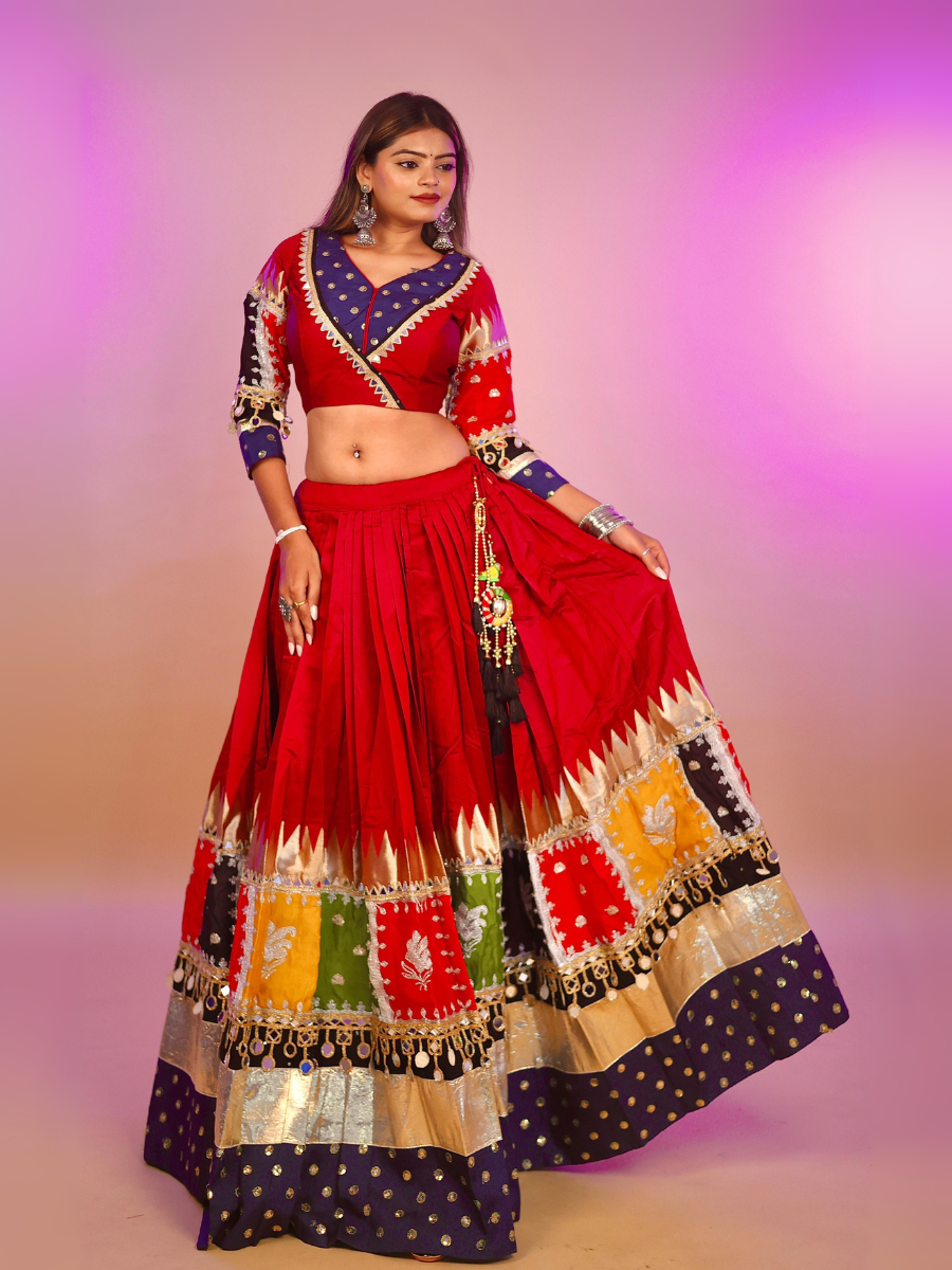 Red & Multicolor Patchwork Mirror Work Chaniya Choli with Black Dupatta