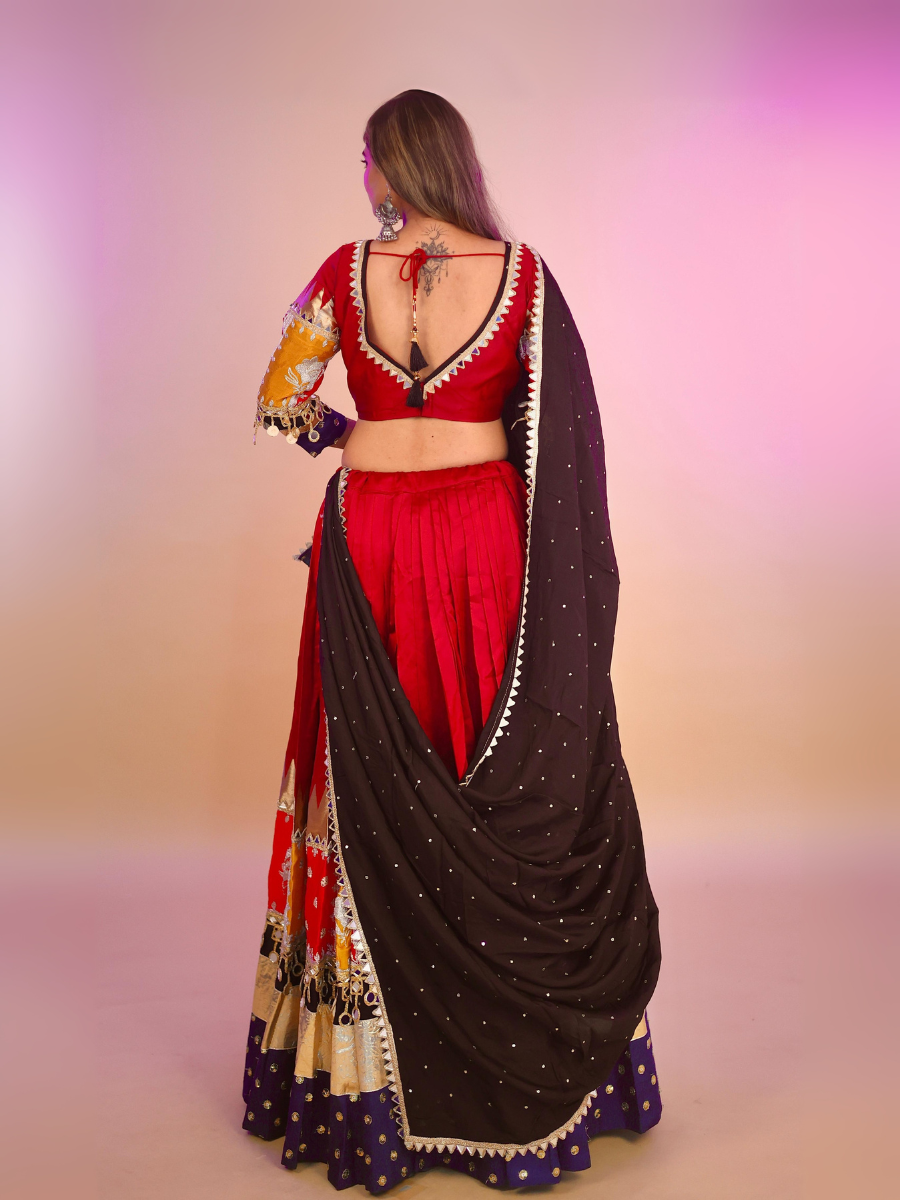 Red & Multicolor Patchwork Mirror Work Chaniya Choli with Black Dupatta