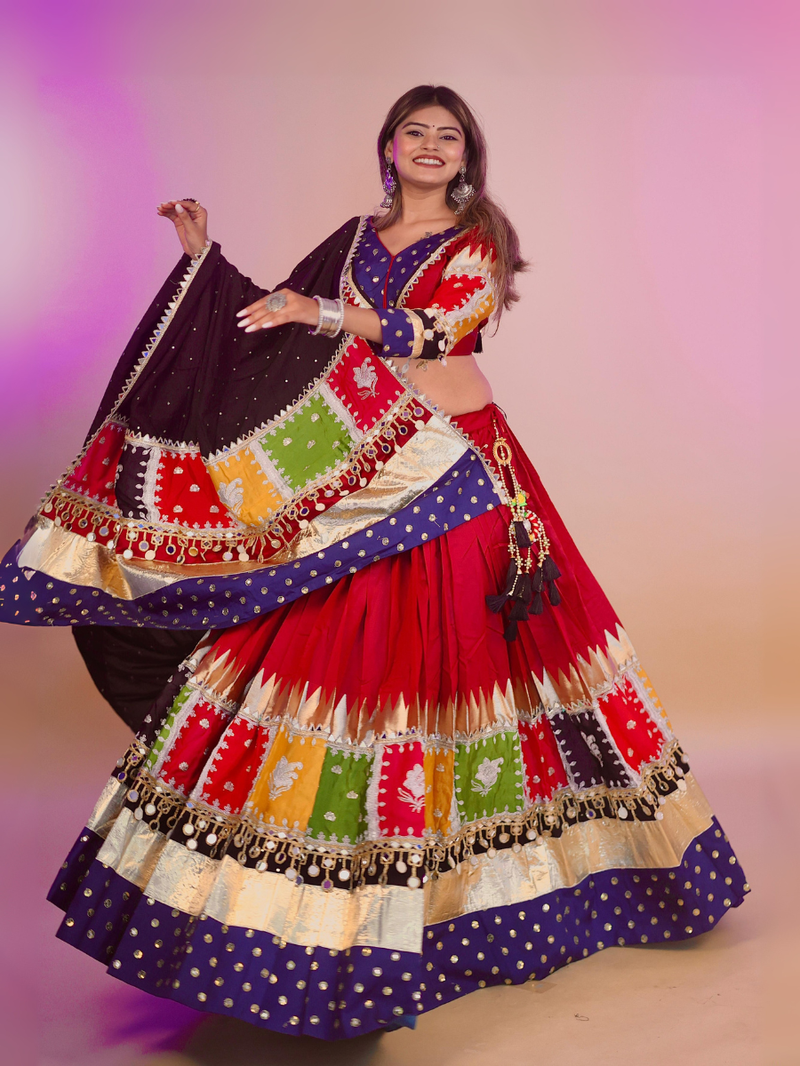 Red & Multicolor Patchwork Mirror Work Chaniya Choli with Black Dupatta