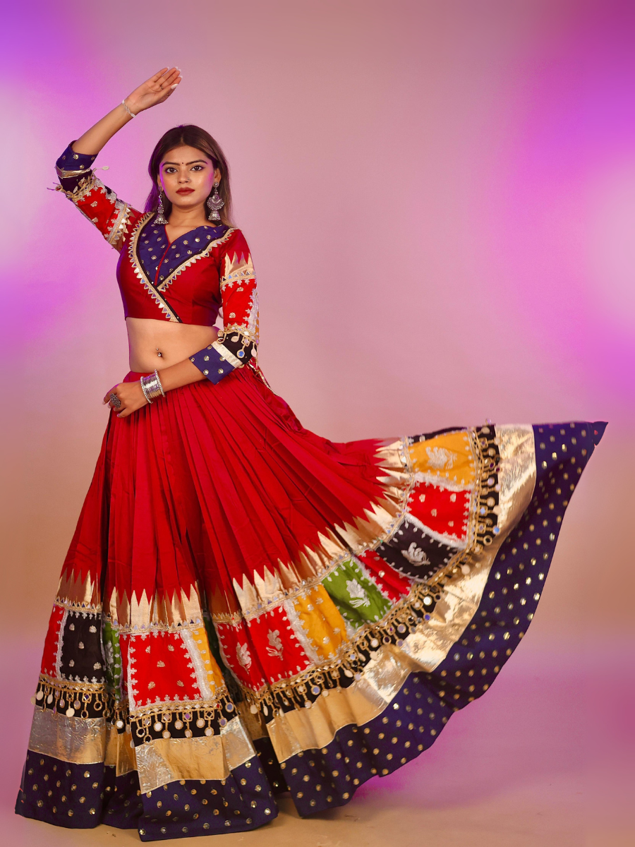 Red & Multicolor Patchwork Mirror Work Chaniya Choli with Black Dupatta