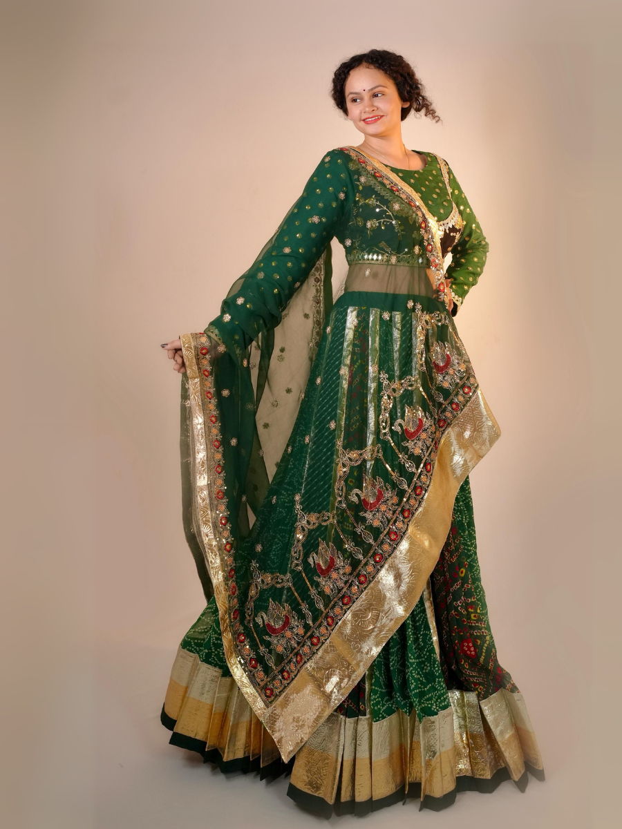 Regal Emerald Green Mirrorwork Lehenga Set