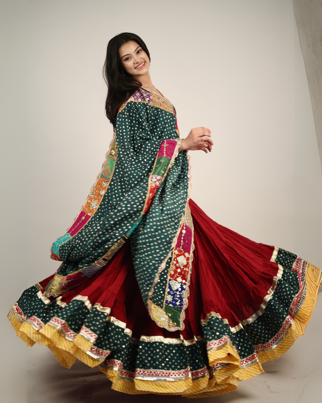 Rich Maroon & Green Bandhani Chaniya Choli with Patchwork Dupatta