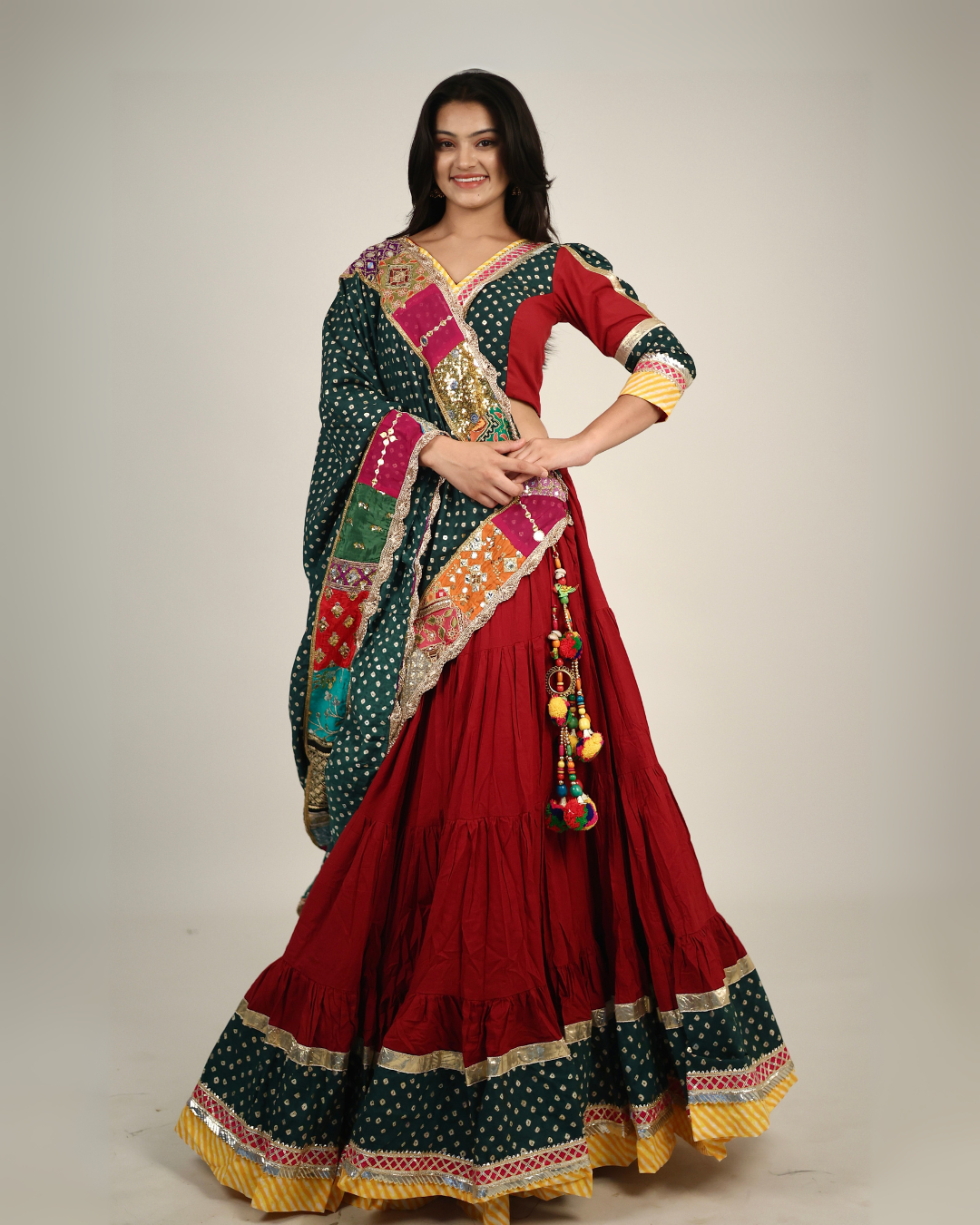 Rich Maroon & Green Bandhani Chaniya Choli with Patchwork Dupatta