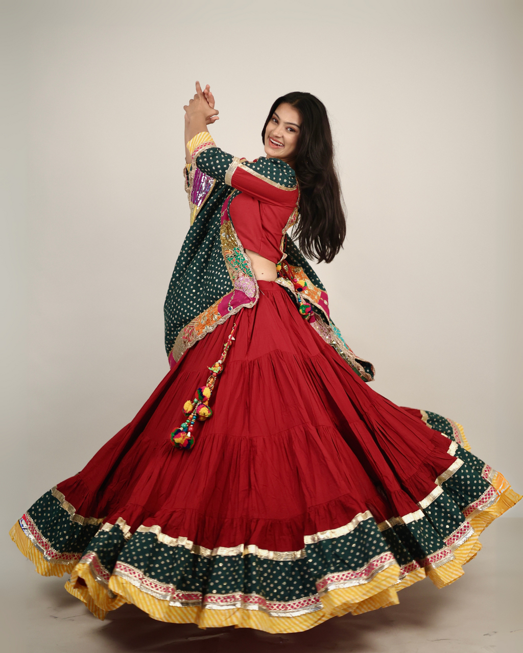 Rich Maroon & Green Bandhani Chaniya Choli with Patchwork Dupatta
