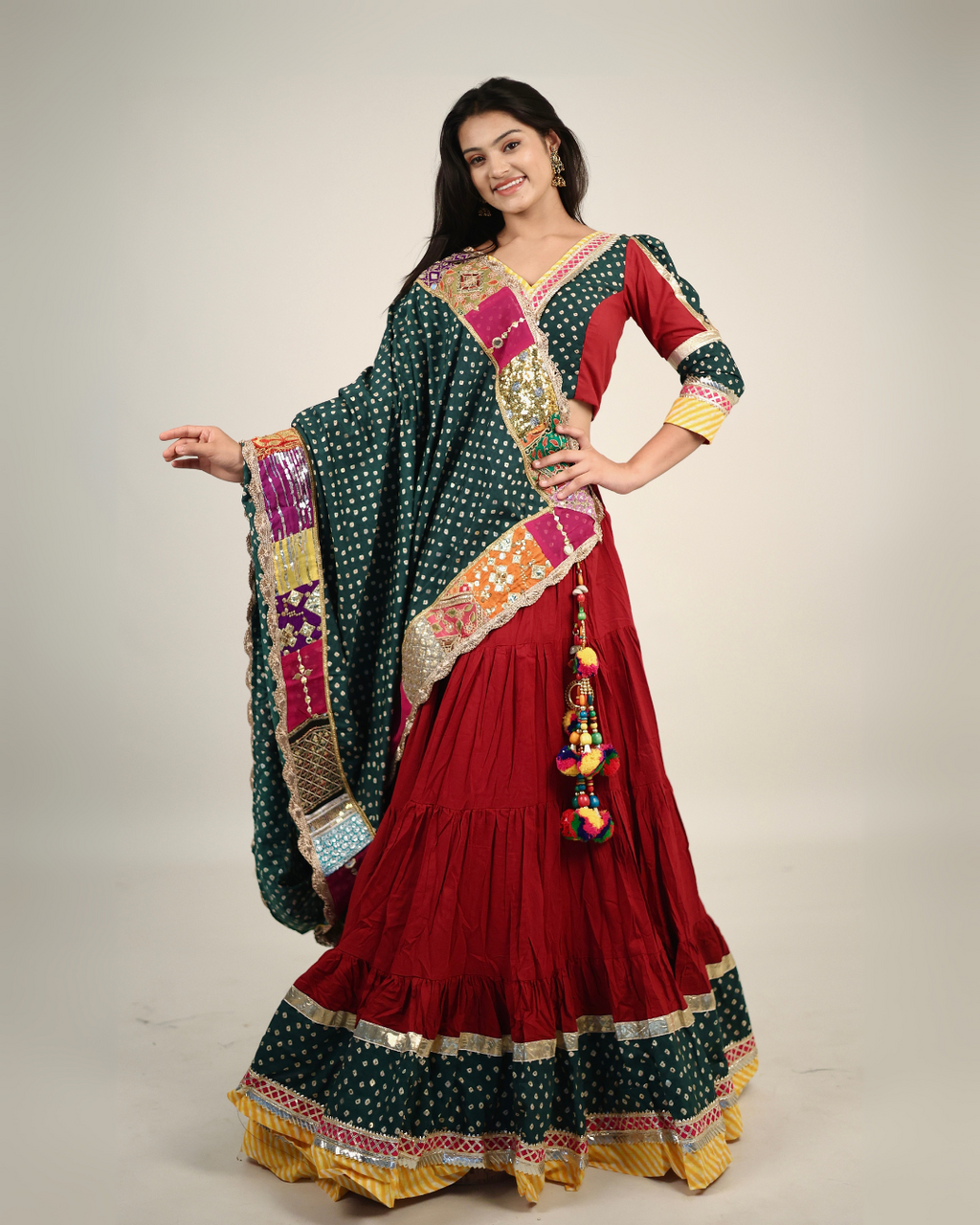 Rich Maroon & Green Bandhani Chaniya Choli with Patchwork Dupatta