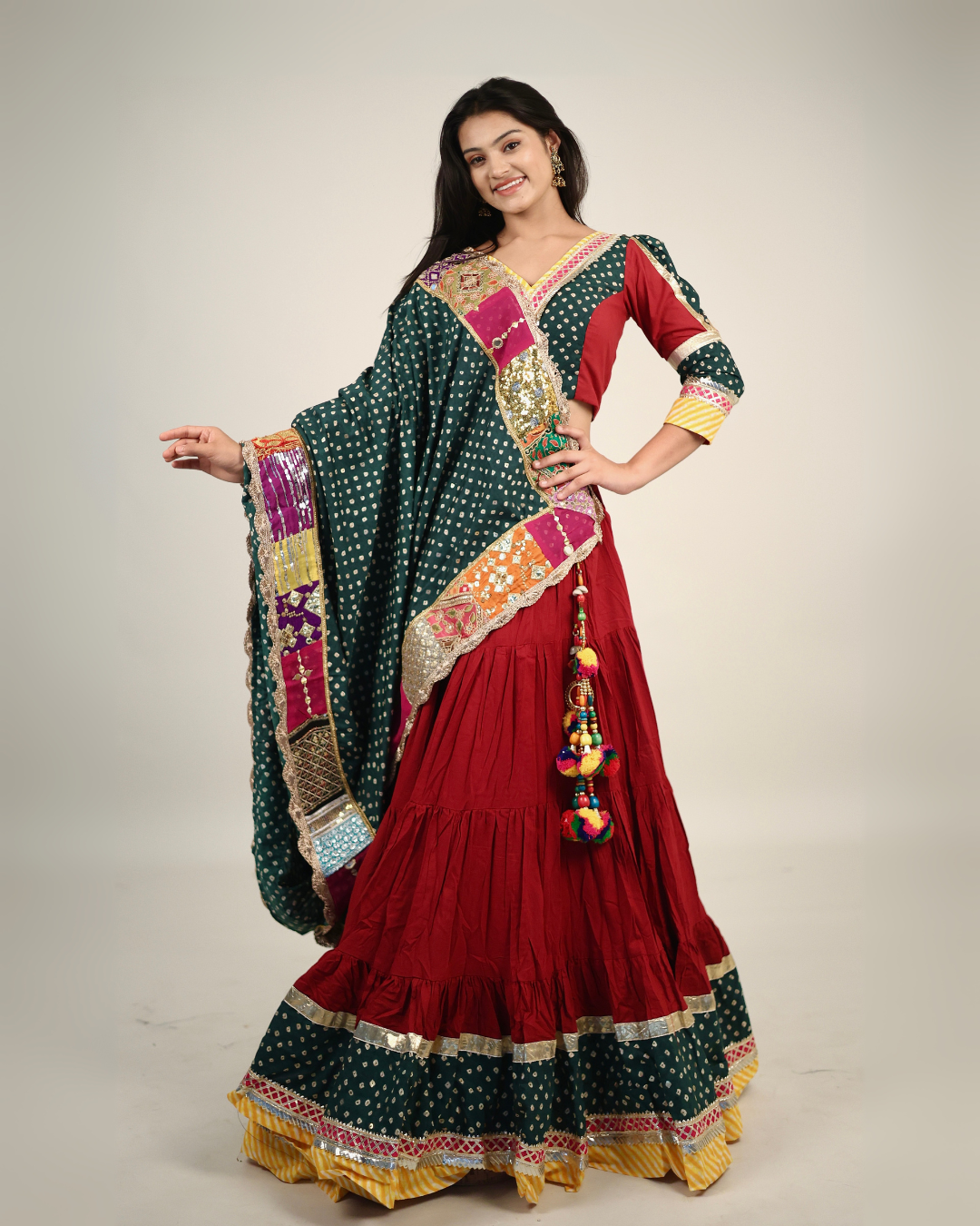 Rich Maroon & Green Bandhani Chaniya Choli with Patchwork Dupatta