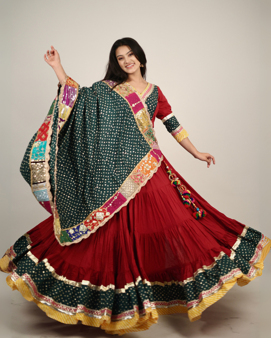 Rich Maroon & Green Bandhani Chaniya Choli with Patchwork Dupatta