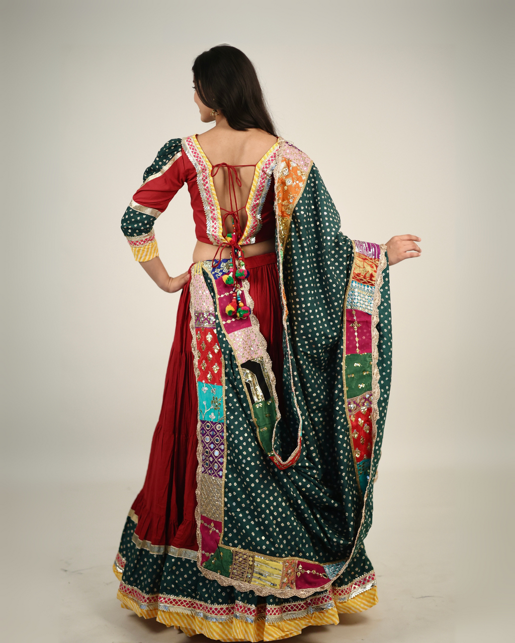 Rich Maroon & Green Bandhani Chaniya Choli with Patchwork Dupatta