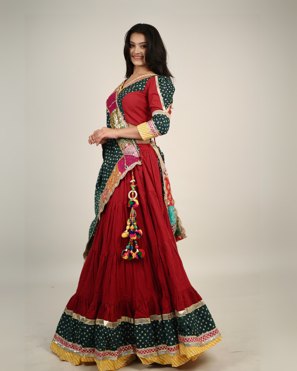 Rich Maroon & Green Bandhani Chaniya Choli with Patchwork Dupatta