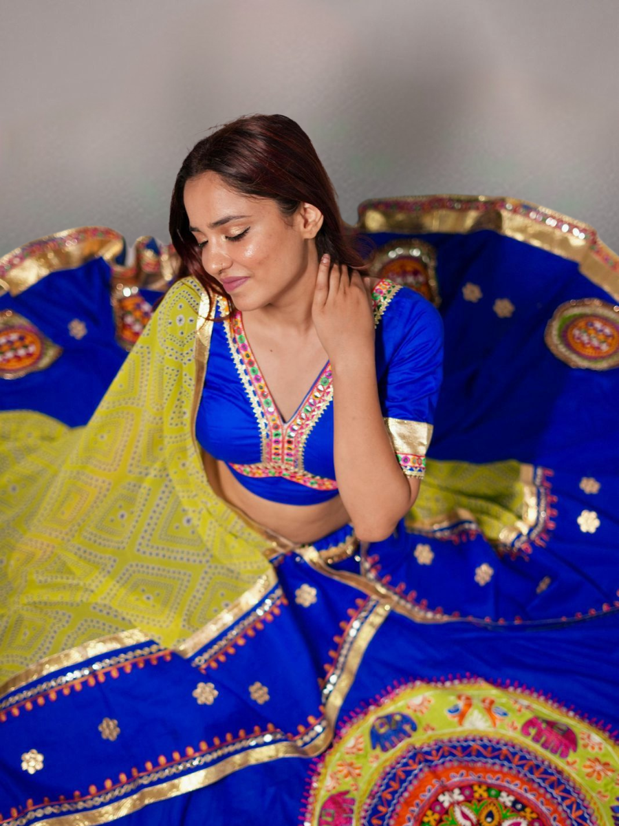 Royal Blue Kutchi Embroidered Lehenga with Yellow Bandhani Dupatta