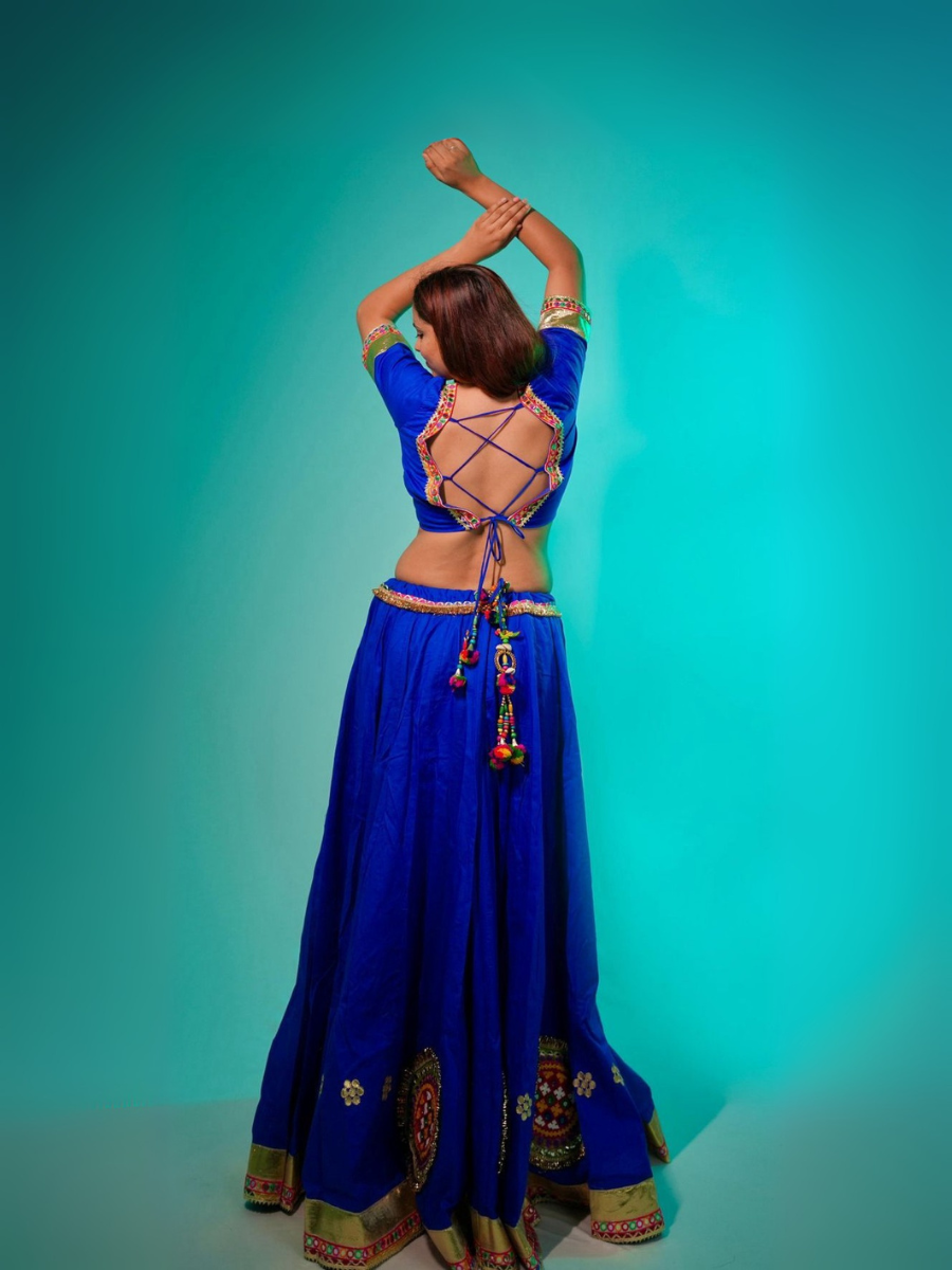 Royal Blue Kutchi Embroidered Lehenga with Yellow Bandhani Dupatta