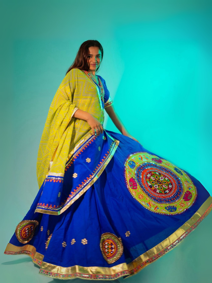 Royal Blue Kutchi Embroidered Lehenga with Yellow Bandhani Dupatta