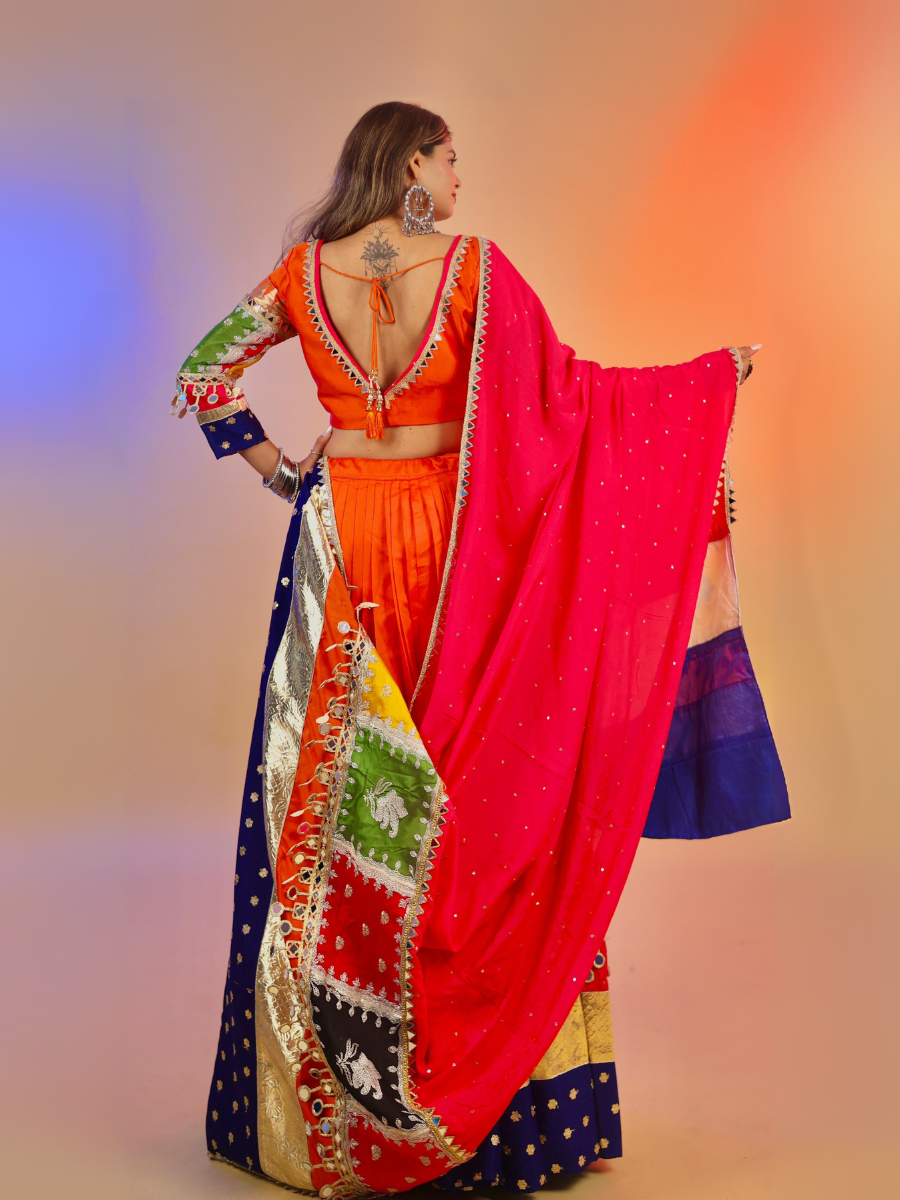 Royal Blue & Fiery Orange Patchwork Chaniya Choli with Red Dupatta