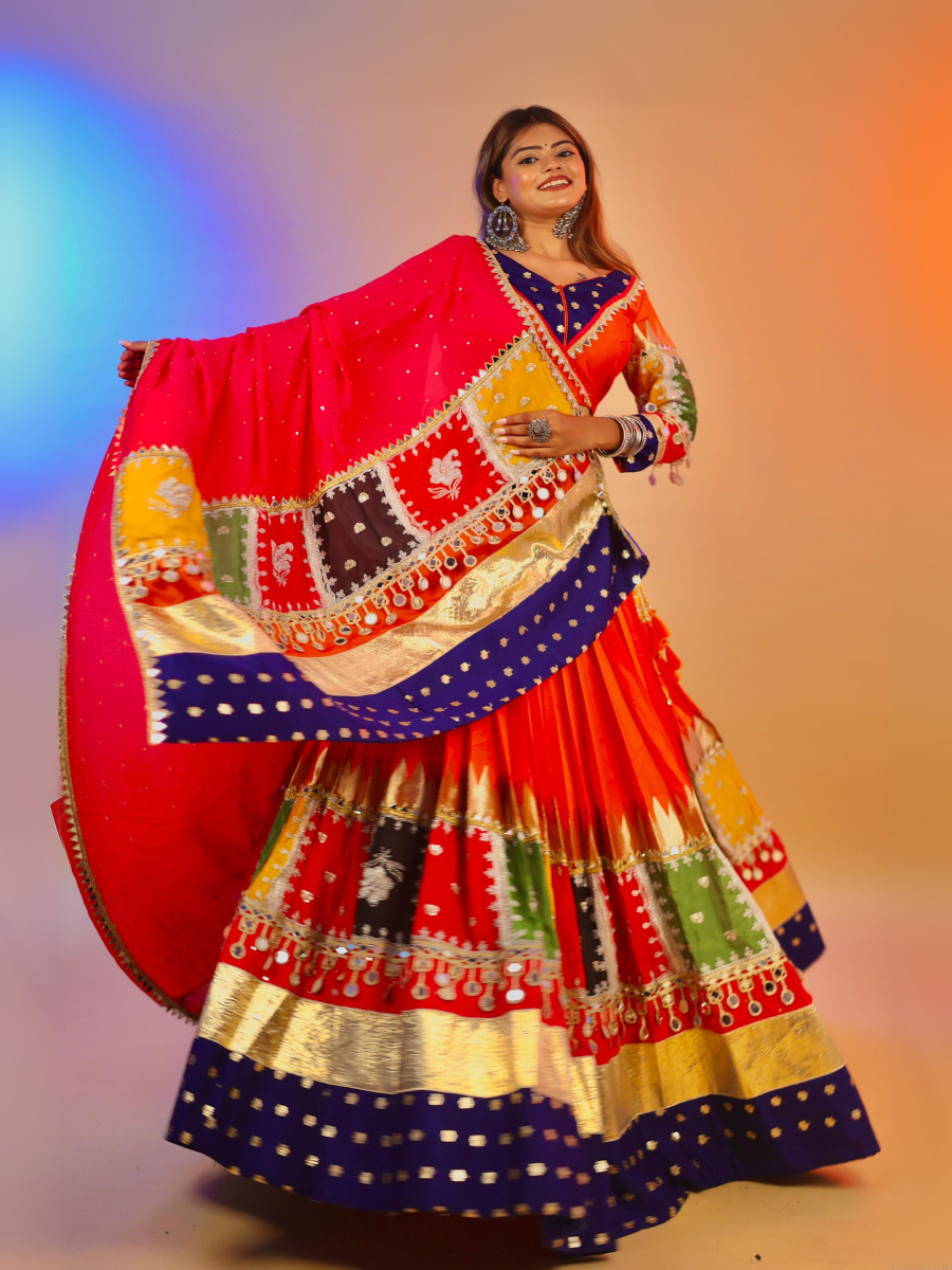 Royal Blue & Fiery Orange Patchwork Chaniya Choli with Red Dupatta