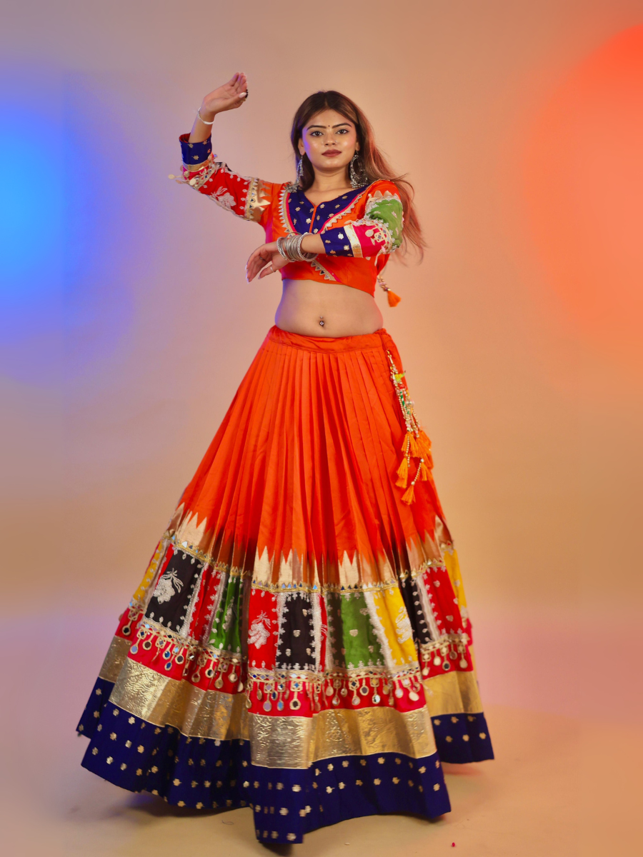Royal Blue & Fiery Orange Patchwork Chaniya Choli with Red Dupatta