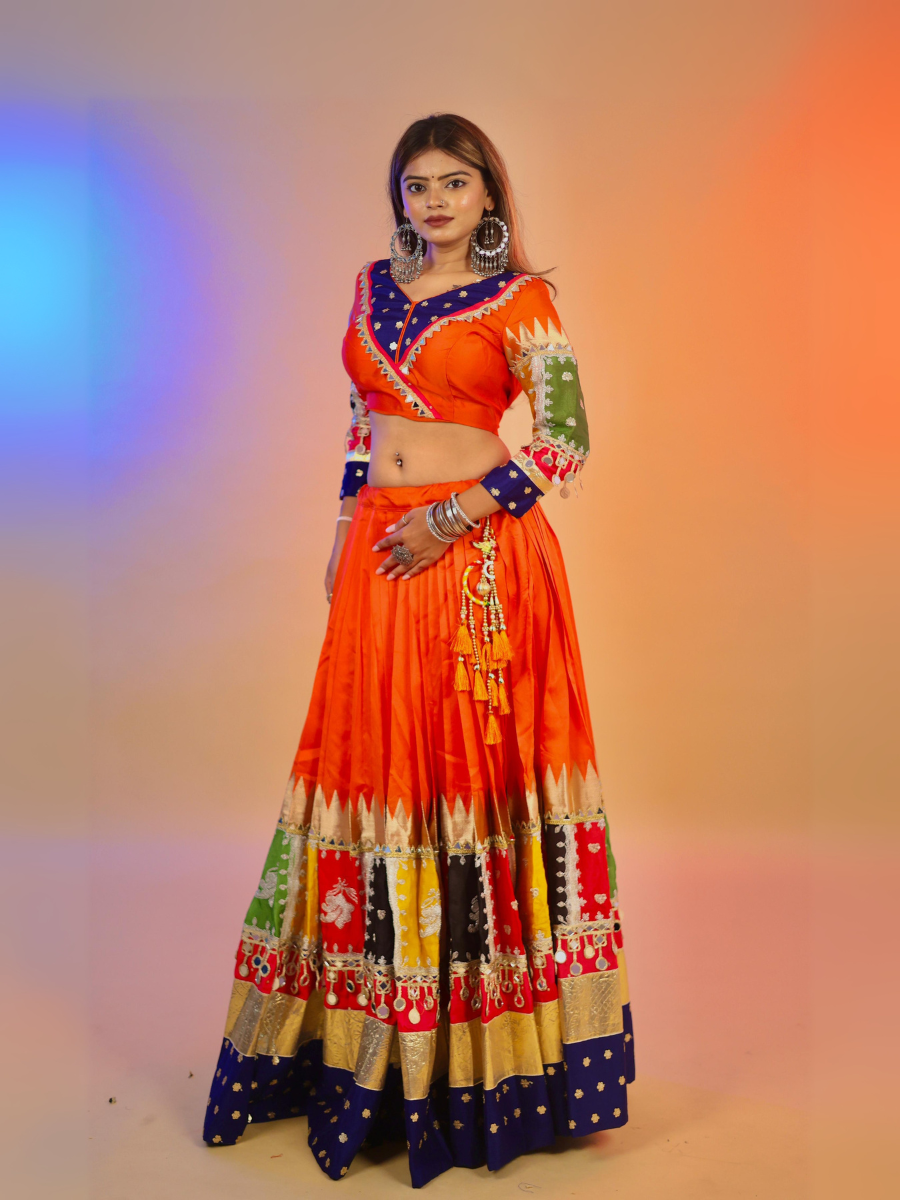Royal Blue & Fiery Orange Patchwork Chaniya Choli with Red Dupatta