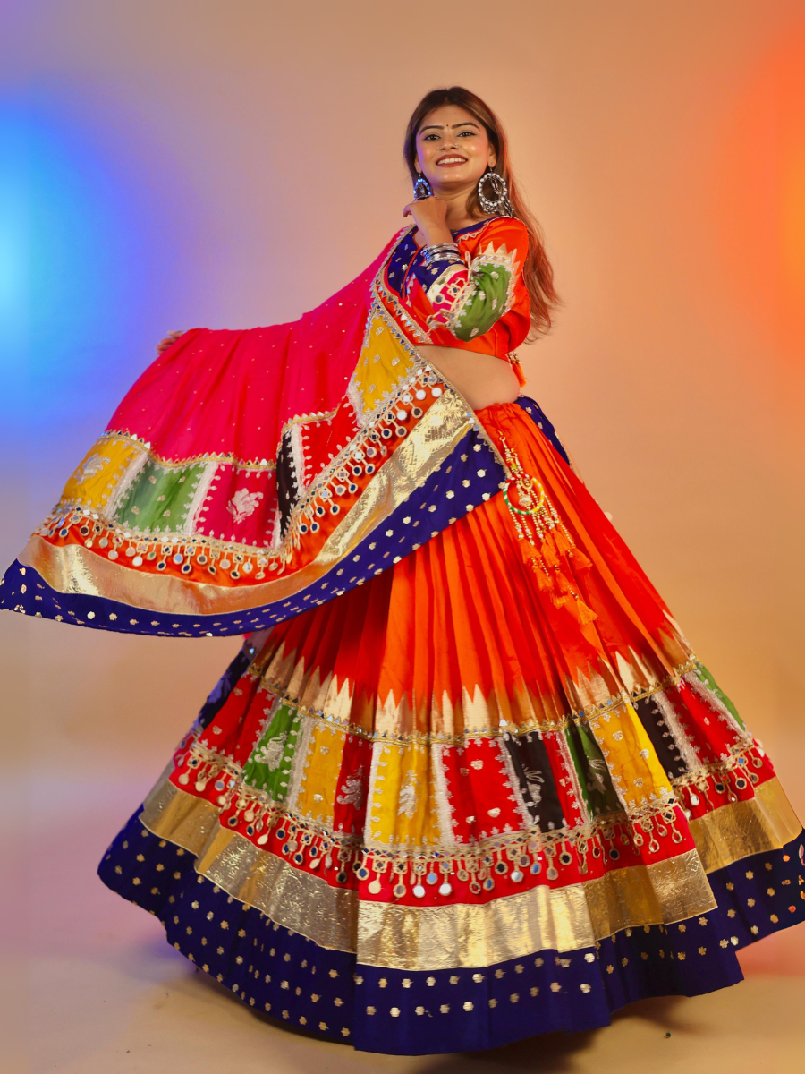 Royal Blue & Fiery Orange Patchwork Chaniya Choli with Red Dupatta