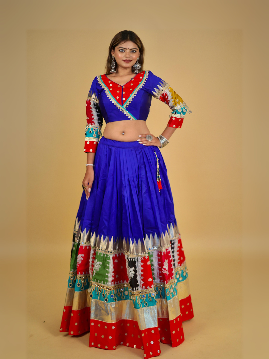 Royal Blue & Multicolor Patchwork Mirror Work Chaniya Choli with Aqua Dupatta