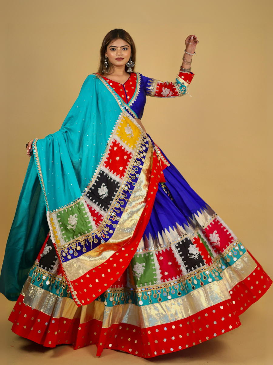 Royal Blue & Multicolor Patchwork Mirror Work Chaniya Choli with Aqua Dupatta