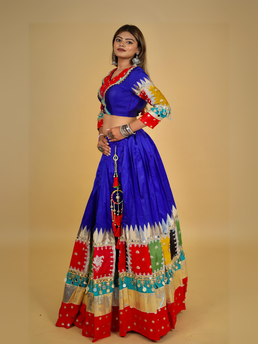 Royal Blue & Multicolor Patchwork Mirror Work Chaniya Choli with Aqua Dupatta