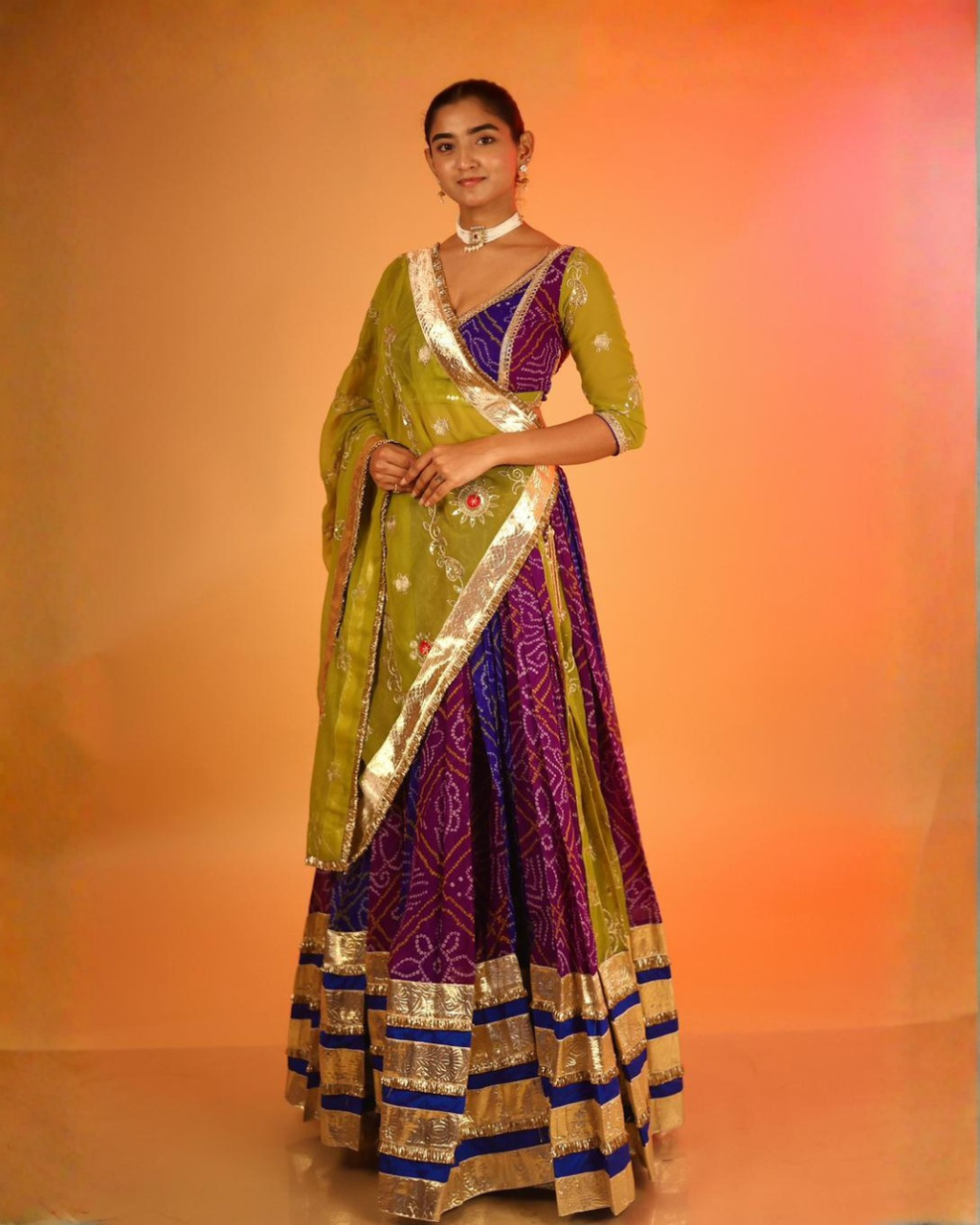 Royal Blue & Olive Bandhej Chaniya Choli