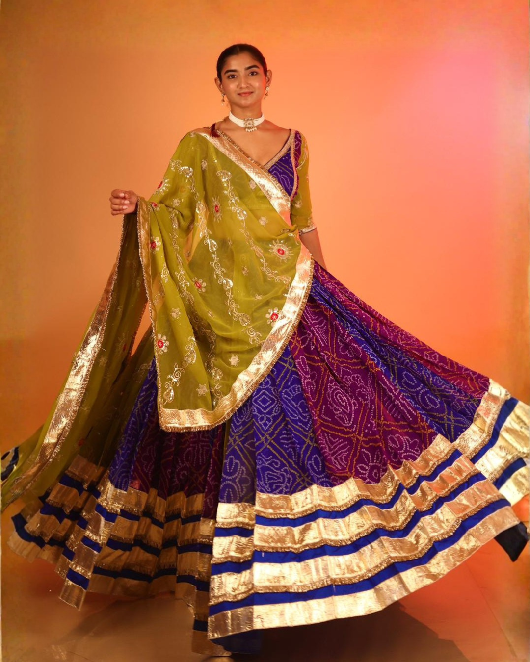 Royal Blue & Olive Bandhej Chaniya Choli