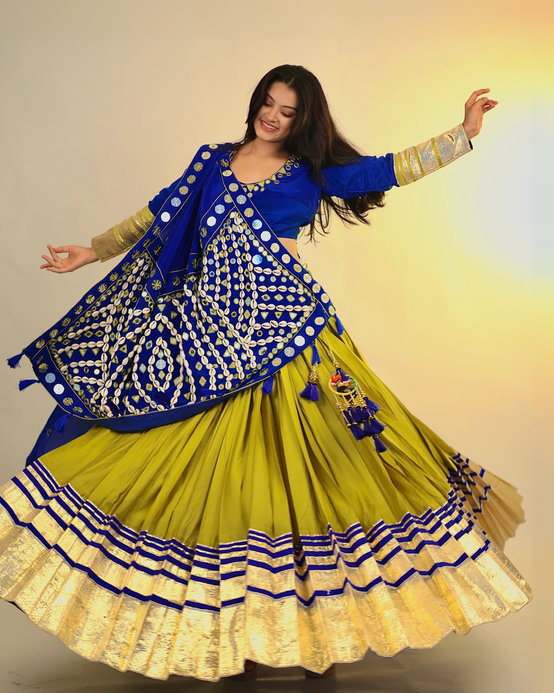 Royal Blue & Olive Green Chaniya Choli with Mirror & Chipla Work