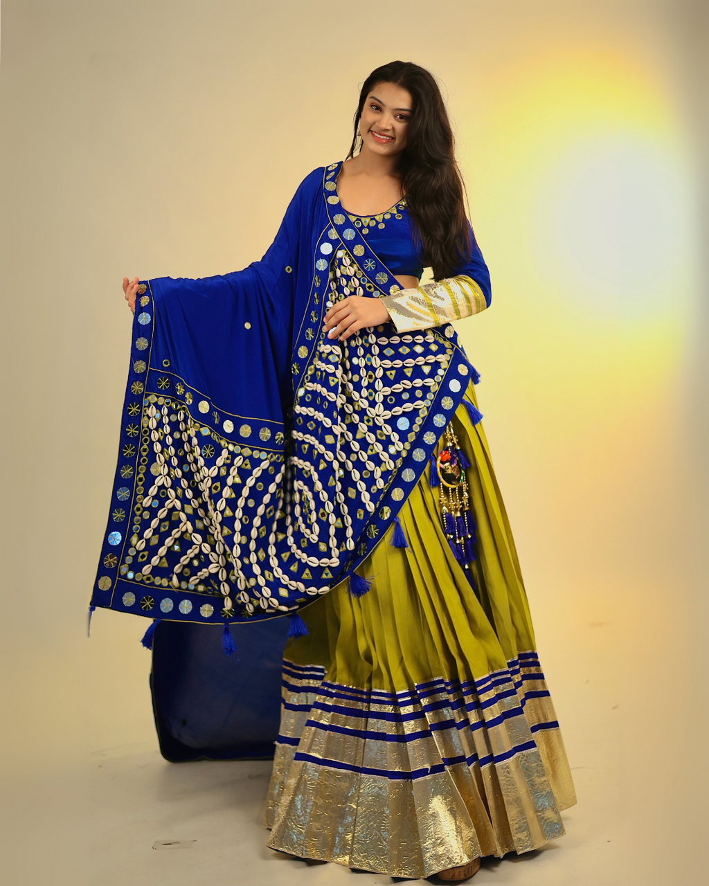 Royal Blue & Olive Green Chaniya Choli with Mirror & Chipla Work