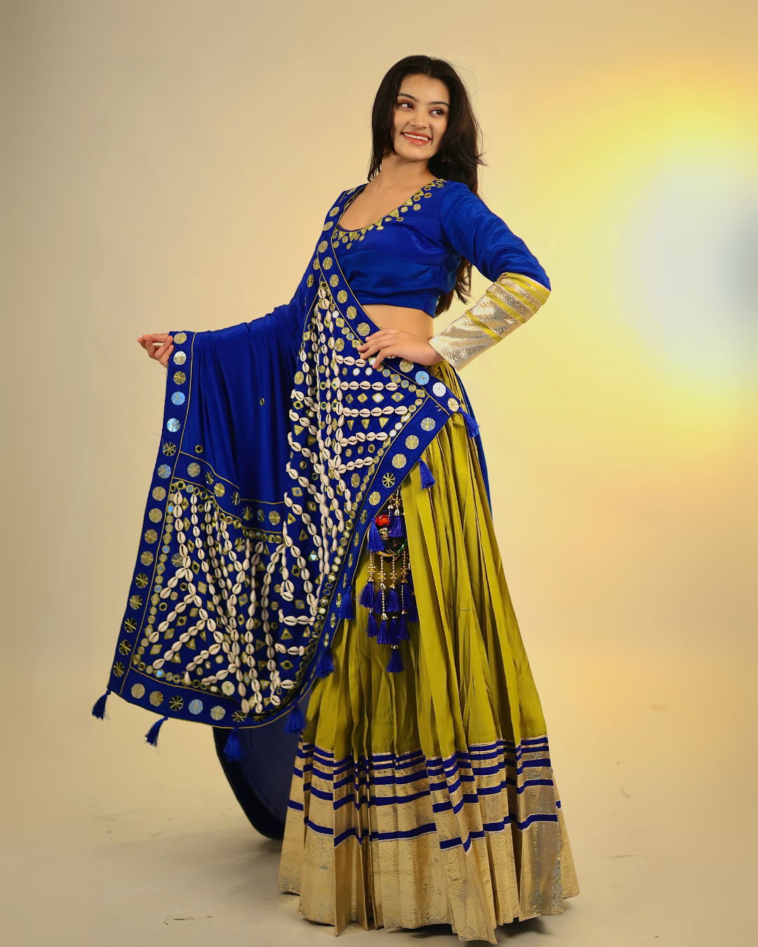Royal Blue & Olive Green Chaniya Choli with Mirror & Chipla Work