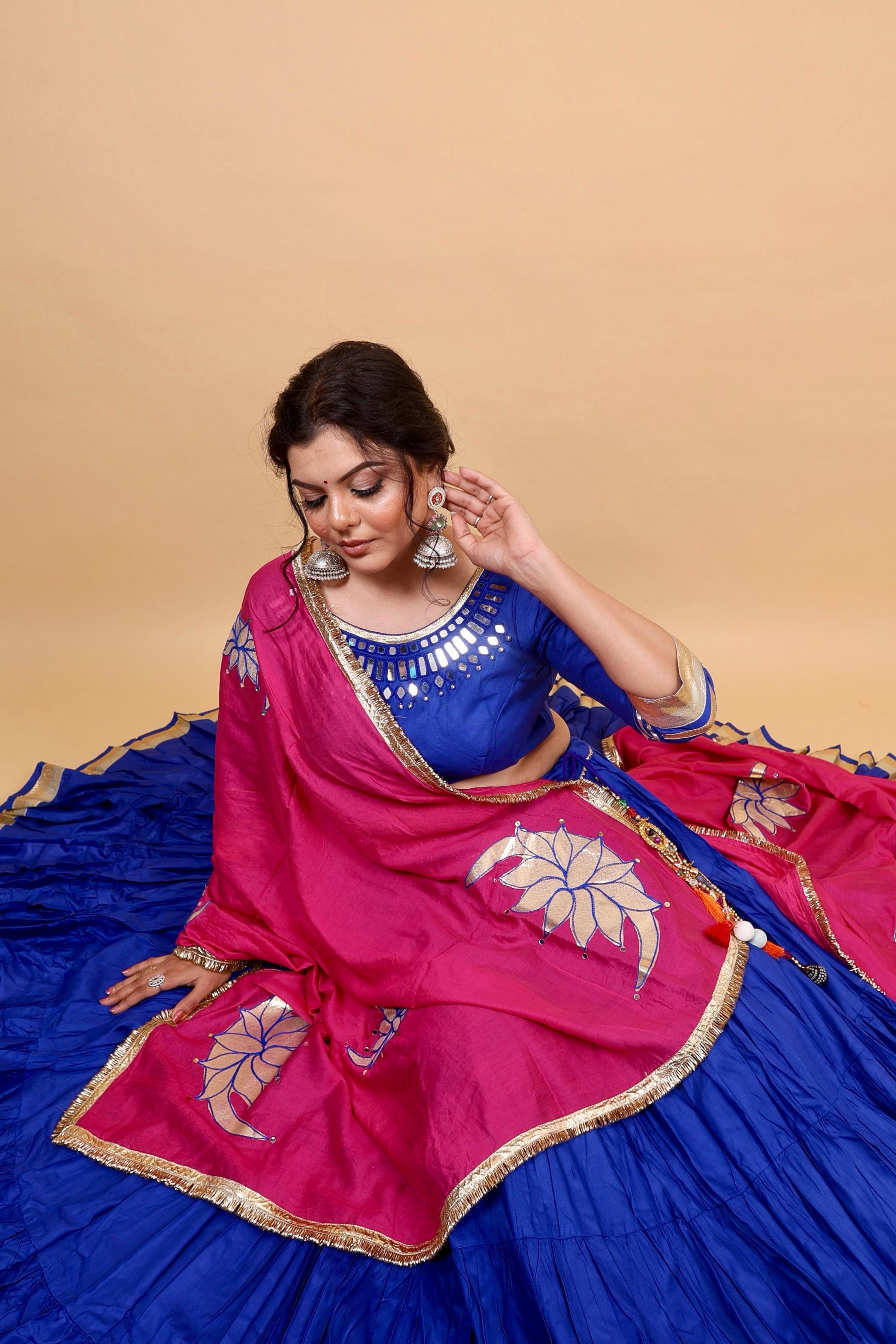 Royal Blue & Rani Pink Lehenga Set with Mirror Lotus Embroidery