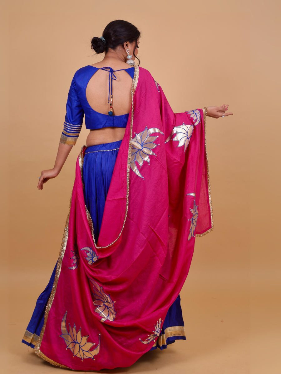 Royal Blue & Rani Pink Lehenga Set with Mirror Lotus Embroidery