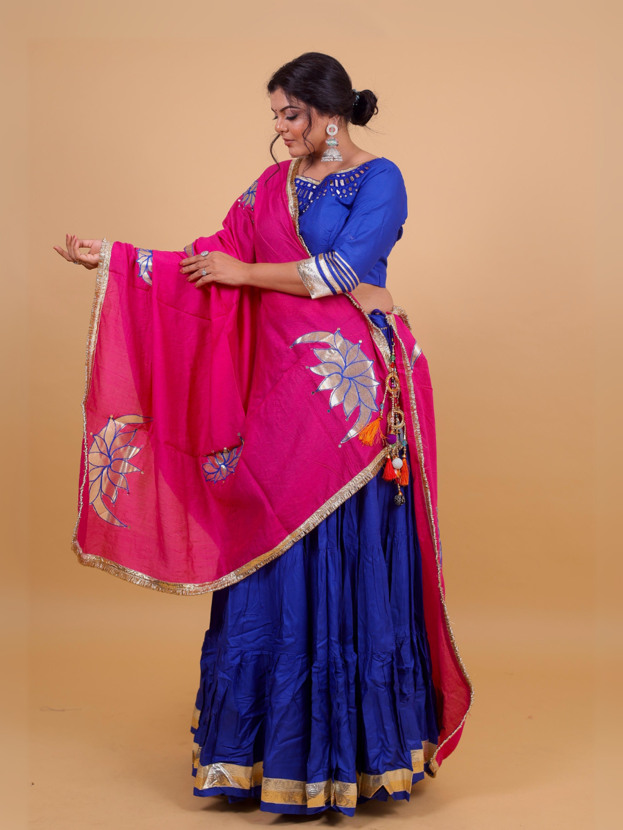 Royal Blue & Rani Pink Lehenga Set with Mirror Lotus Embroidery