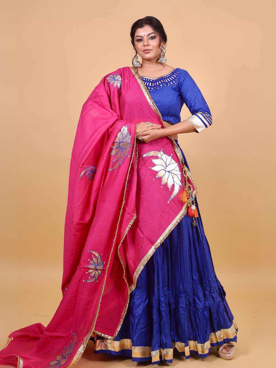 Royal Blue & Rani Pink Lehenga Set with Mirror Lotus Embroidery