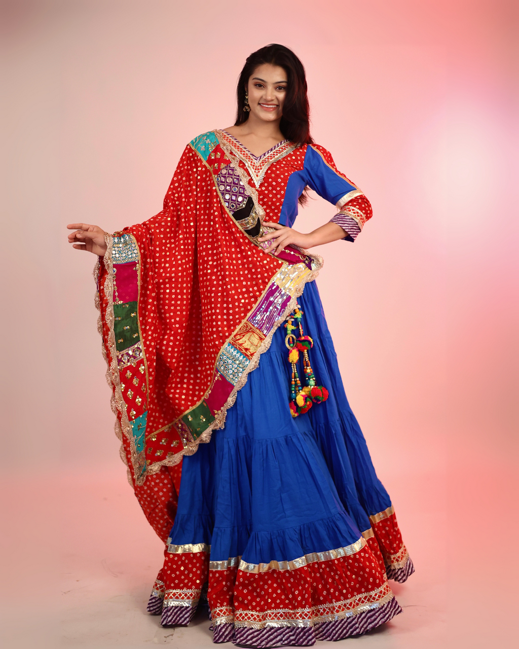 Royal Blue & Red Bandhani Chaniya Choli with Patchwork Dupatta
