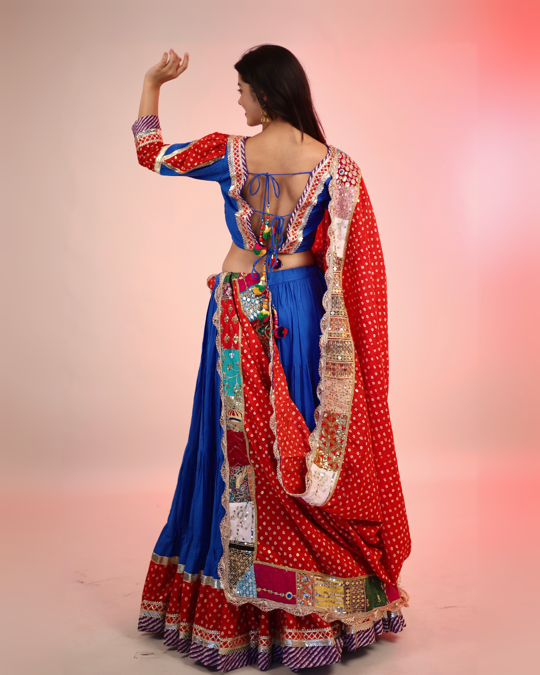 Royal Blue & Red Bandhani Chaniya Choli with Patchwork Dupatta