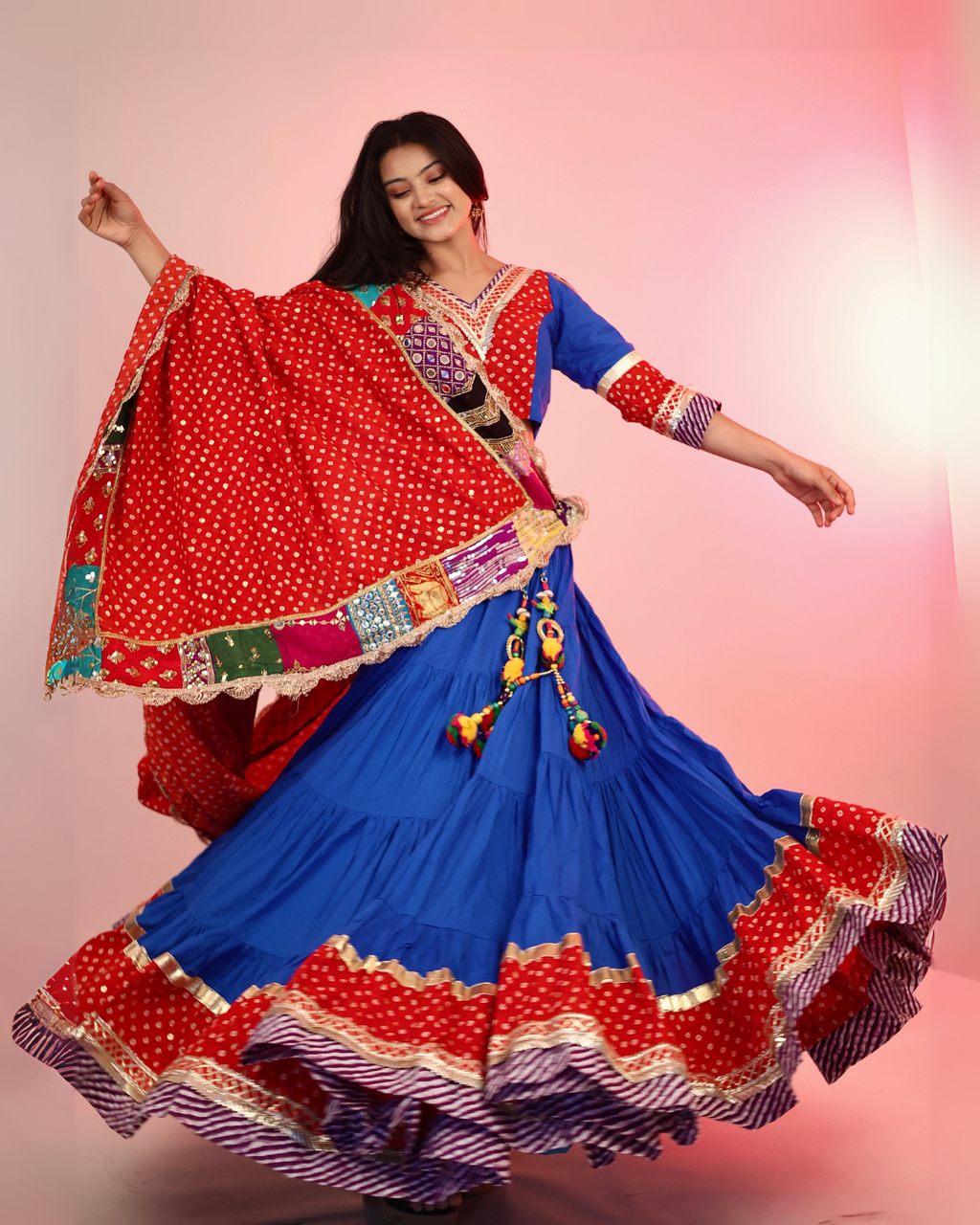 Royal Blue & Red Bandhani Chaniya Choli with Patchwork Dupatta