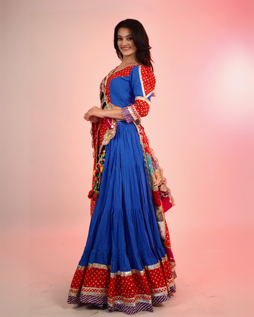 Royal Blue & Red Bandhani Chaniya Choli with Patchwork Dupatta